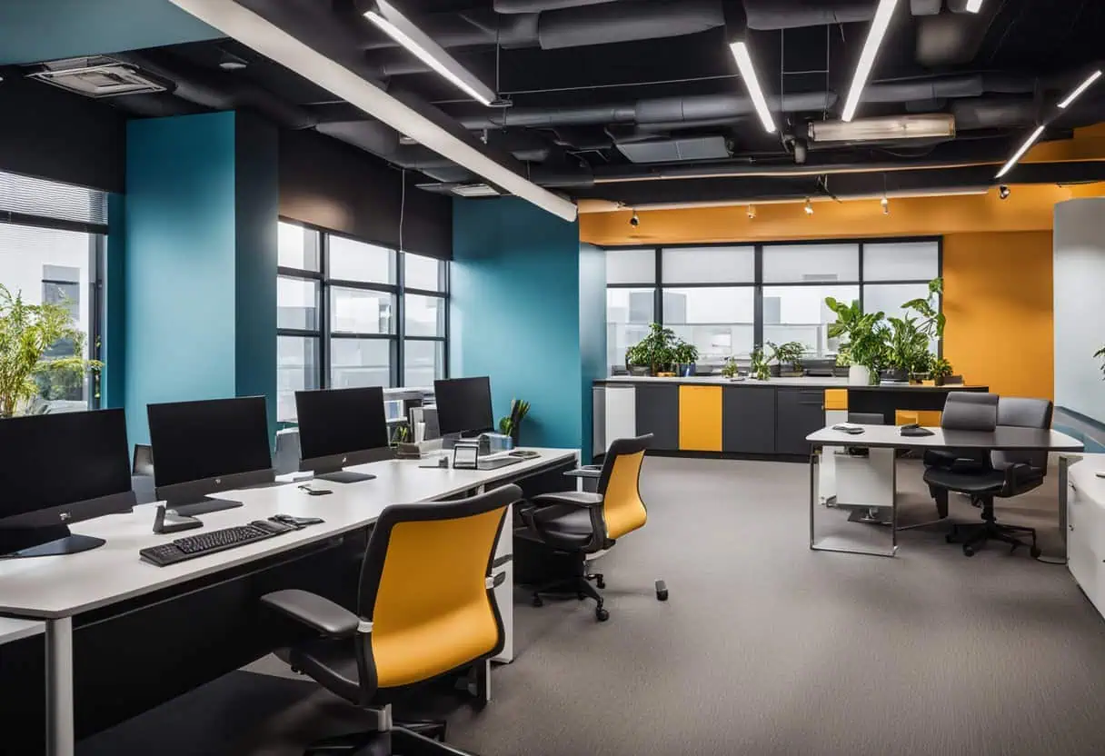 Contemporary IT company office with sleek desks, ergonomic chairs, and vibrant color accents.