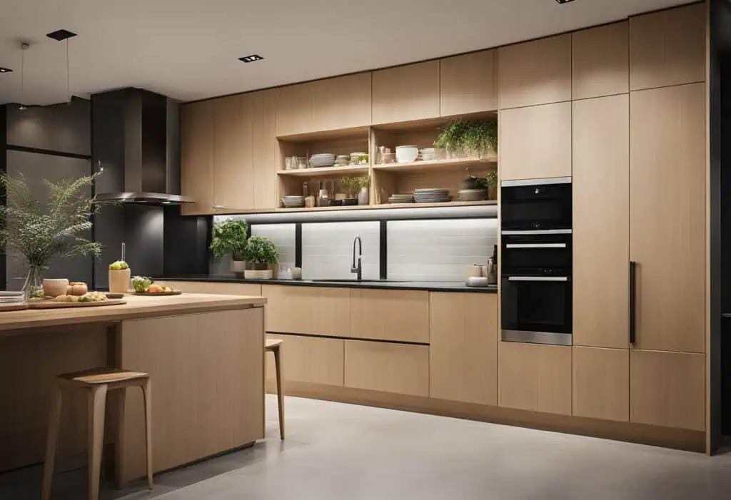 Modern Japanese kitchen cabinet with sleek wood finish and open shelving.