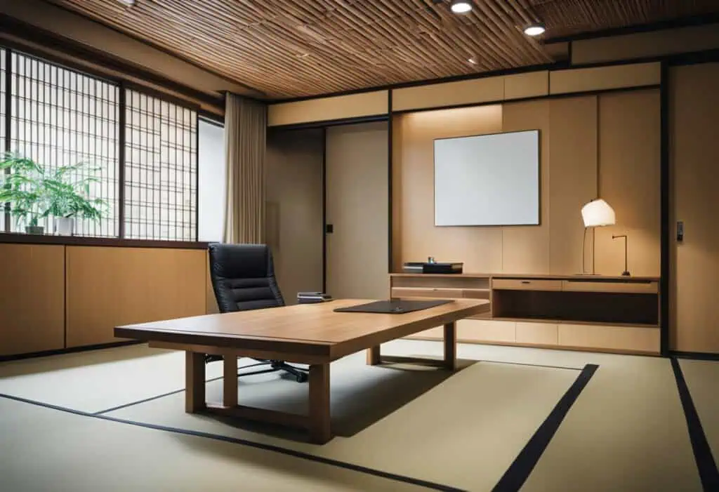 Modern Japanese office interior with minimalist decor and natural lighting.