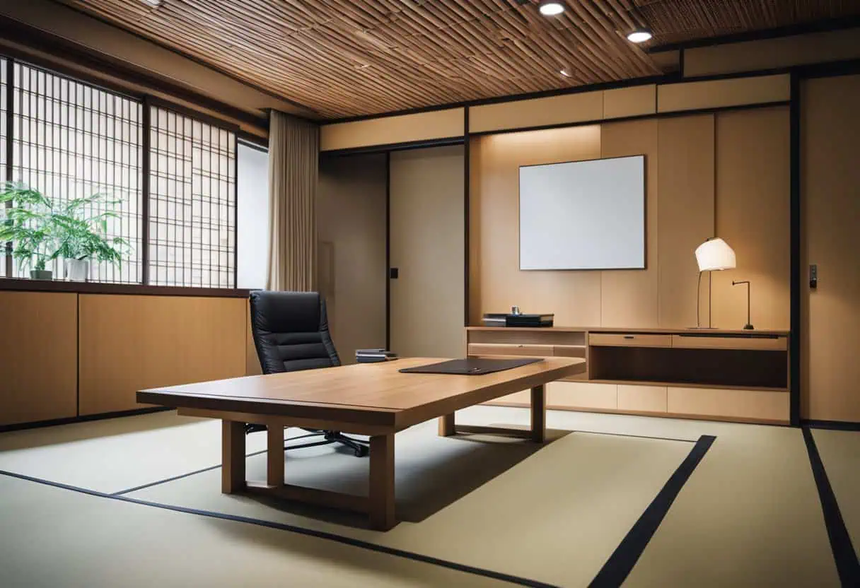 Modern Japanese office interior with minimalist decor and natural lighting.