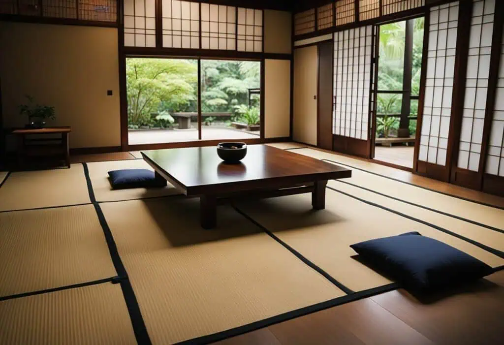 Traditional Japanese tatami room with low table and garden view in Singapore.