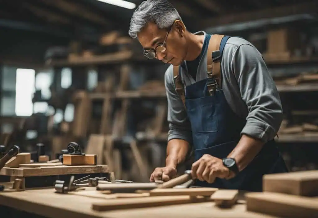Woodworker shaping wood in a busy workshop environment.