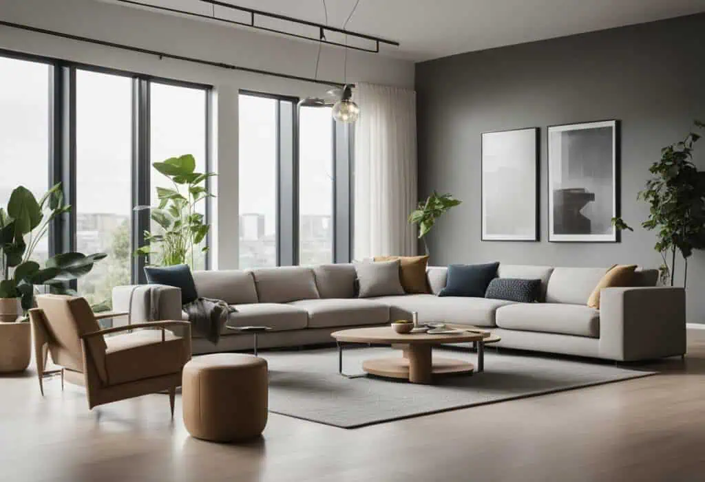 Stylish living room featuring high-quality furniture, large windows, and contemporary decor for a lu.