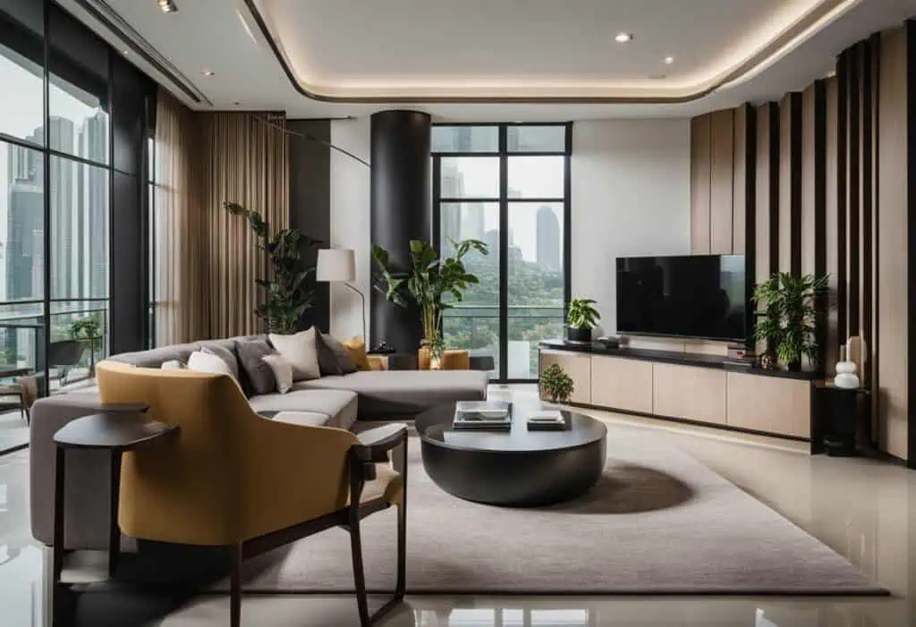 Elegant modern living room featuring high-quality furniture and expansive city views in Singapore.