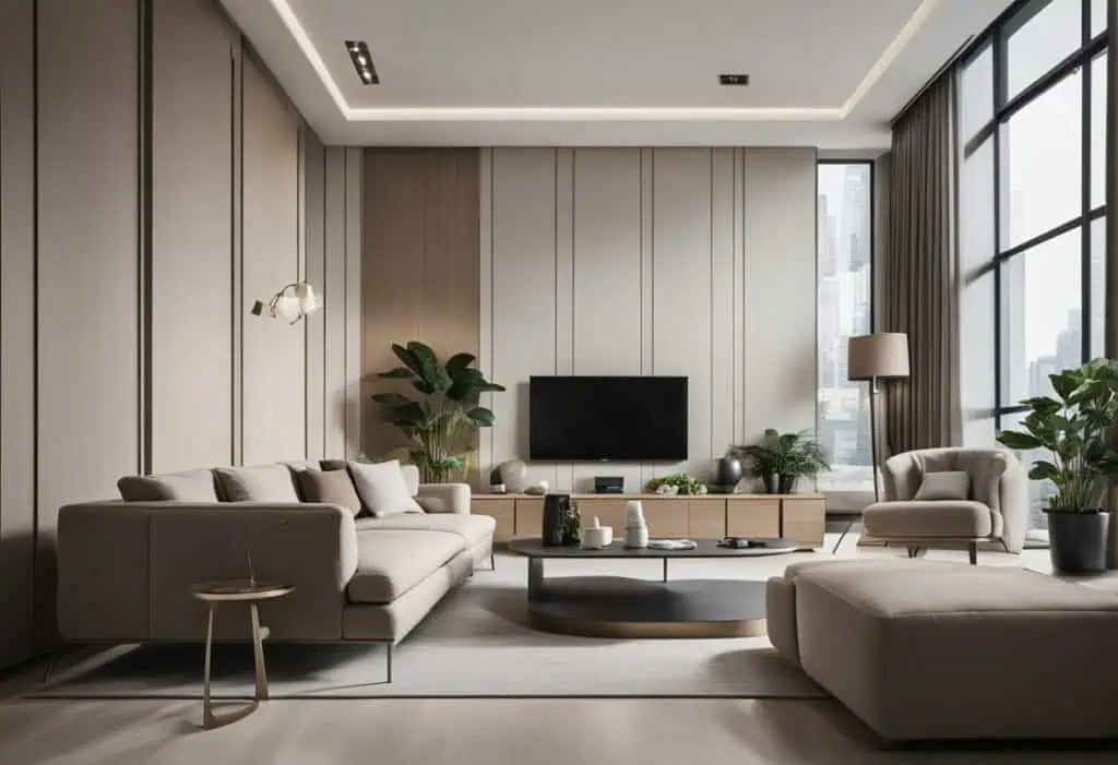 Stylish and comfortable living room featuring contemporary furniture, large windows, and lush indoor.