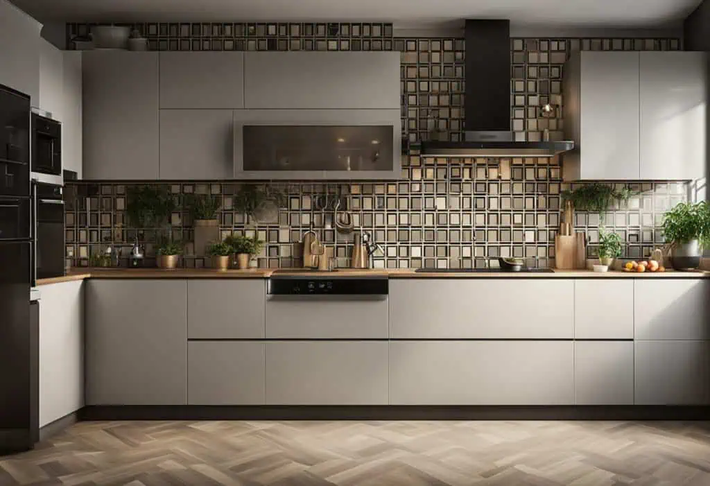 Kitchen wall with Kajaria tiles and contemporary cabinetry for a modern cooking area.