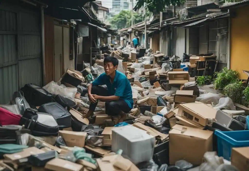 A young man sitting amidst a pile of cardboard boxes and trash in a cluttered Singaporean alley.