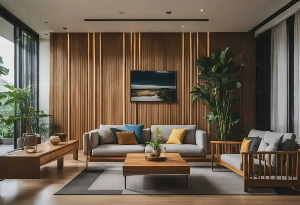 Beautiful teak wood furniture in a modern Singapore living room setting.