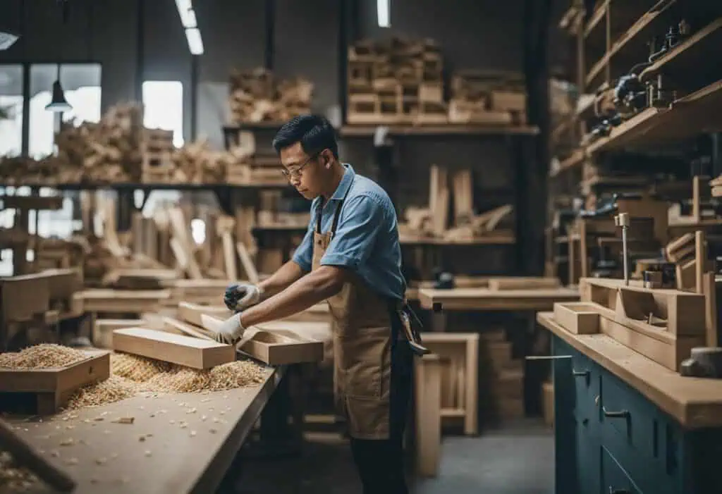 Skilled carpenter shaping wood in a professional workshop setting.