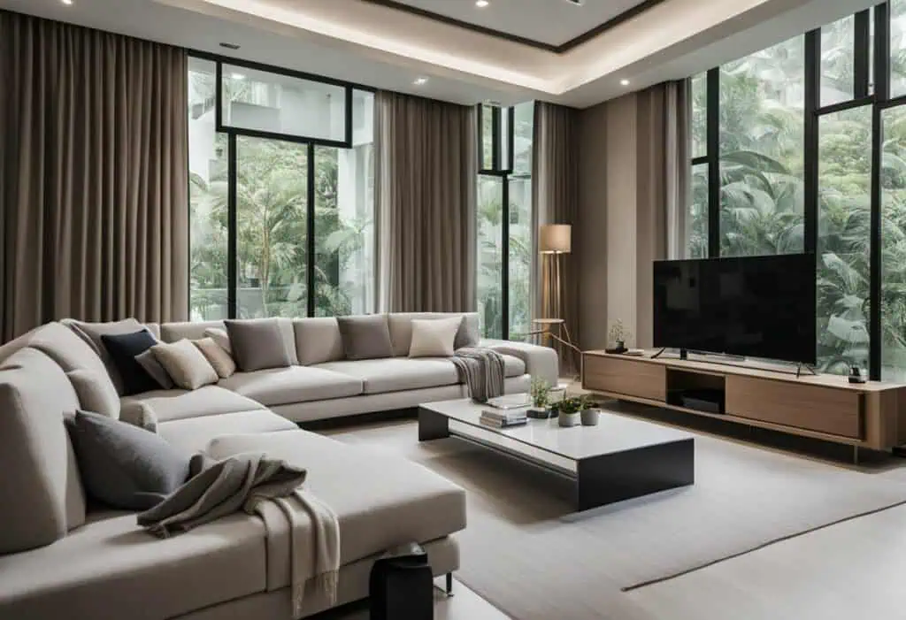 Spacious living room featuring contemporary furniture, large windows, and lush greenery outside for.