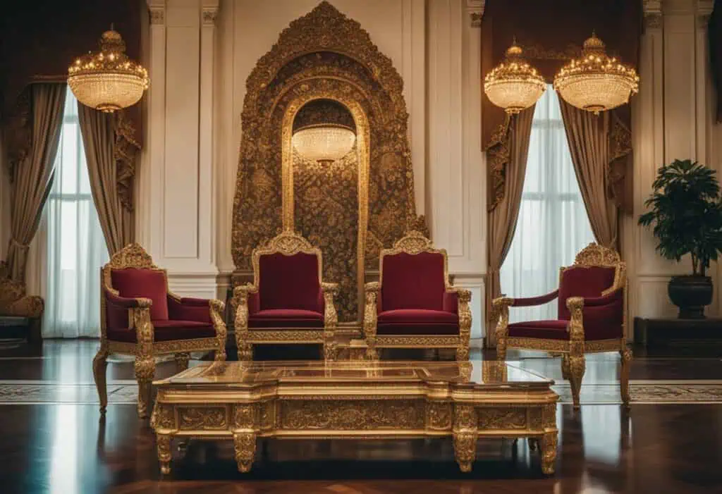 Luxurious royal lounge furniture with gold accents and plush red upholstery.