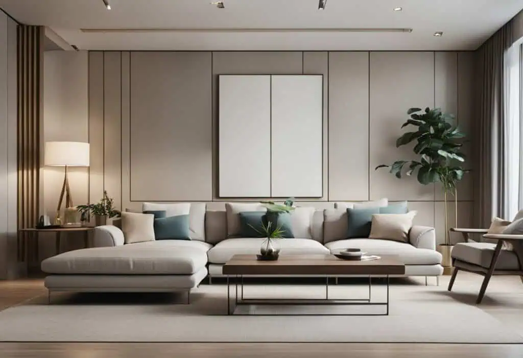 Contemporary sofa with plush cushions in a sleek, modern living room setting.