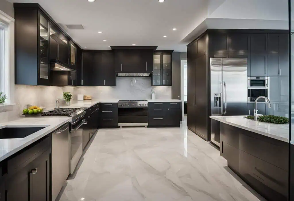 Black kitchen cabinets with sleek design and ample storage space.