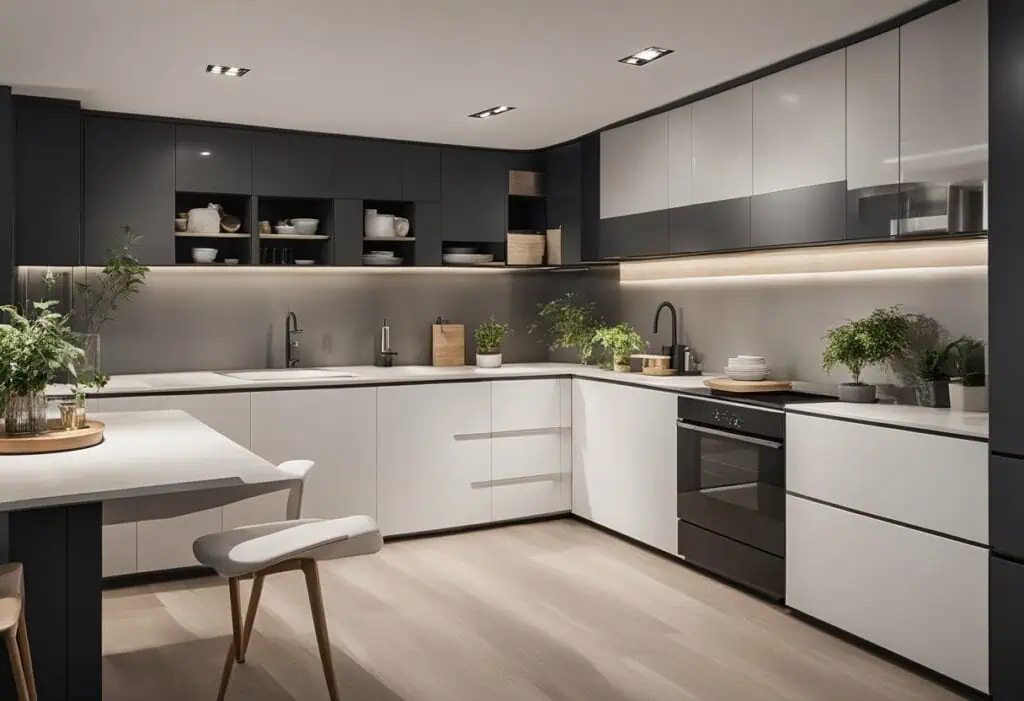 Contemporary kitchen with integrated laundry area and sleek cabinetry for efficient space use.