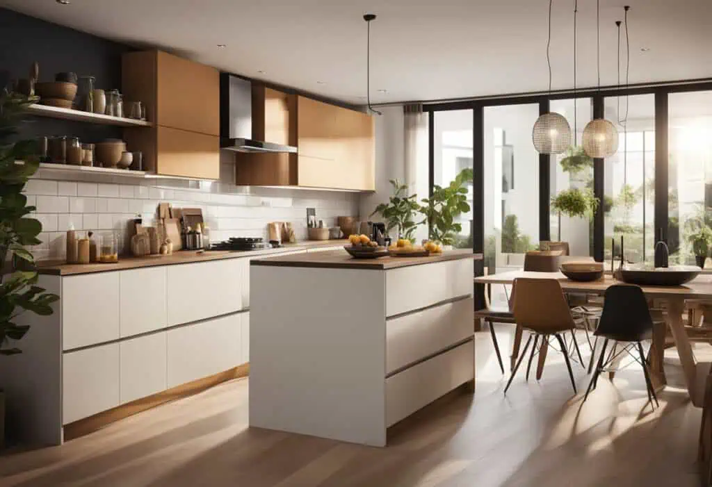 Bright open-plan kitchen and living room with contemporary design and natural light. Perfect for sty.