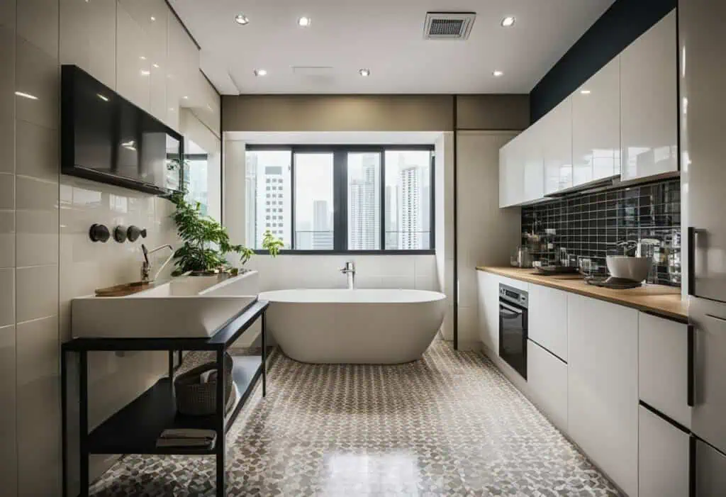 Spacious bathroom featuring a freestanding bathtub and a sleek kitchen setup, perfect for modern Sin.