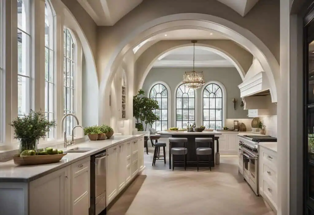 Beautiful kitchen arch design enhancing space and style with large windows and classic white cabinet.