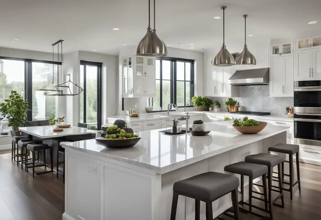 Bright modern kitchen with large windows, white cabinetry, and sleek countertops for a contemporary.