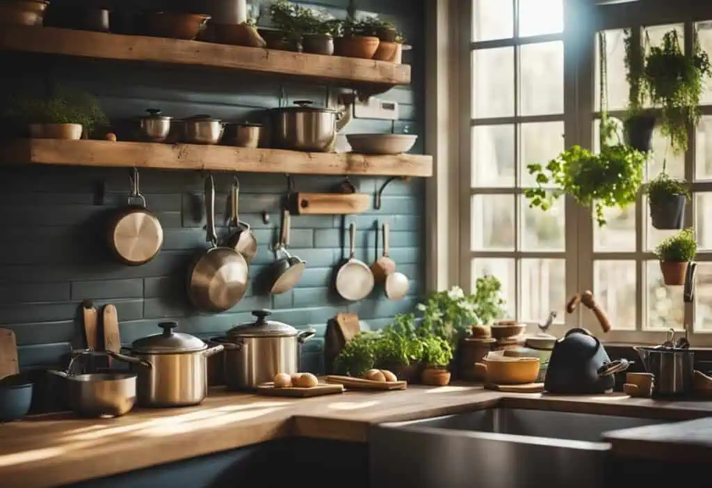 Stylish kitchen background with open shelves, pots, and greenery, perfect for inspiring kitchen desi.