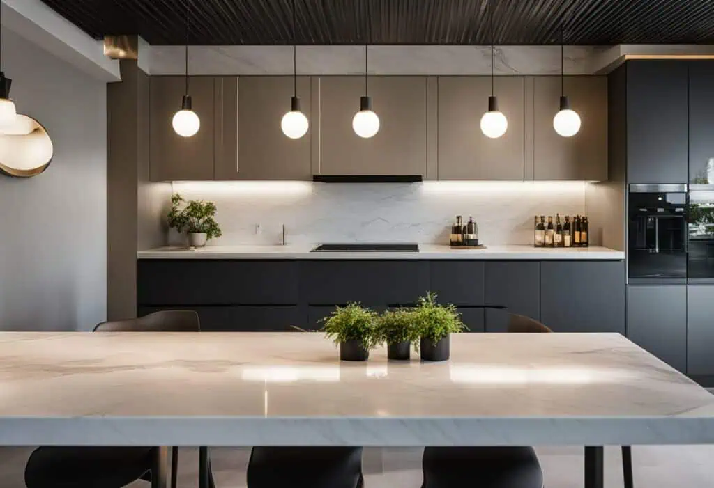 Elegant kitchen bar counter with sleek cabinetry and ambient lighting.
