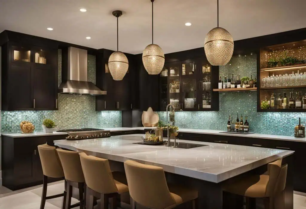 Elegant kitchen bar with modern lighting, dark cabinetry, and a spacious white countertop for stylis.
