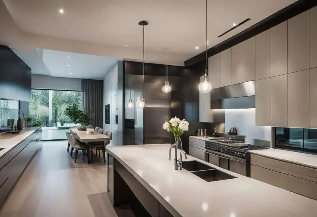 Contemporary kitchen featuring sleek cabinetry, spacious island, and modern appliances for stylish a.