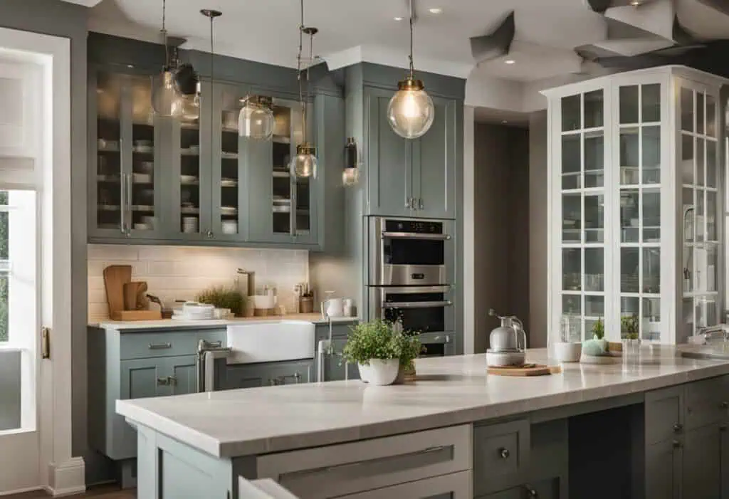 Modern kitchen with blue cabinets, pendant lighting, and a large island for stylish renovation.