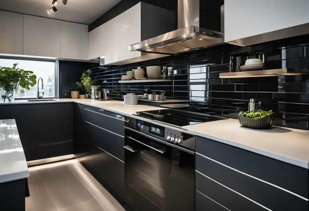 Black tile backsplash in modern kitchen with minimalist cabinetry and stainless steel appliances.