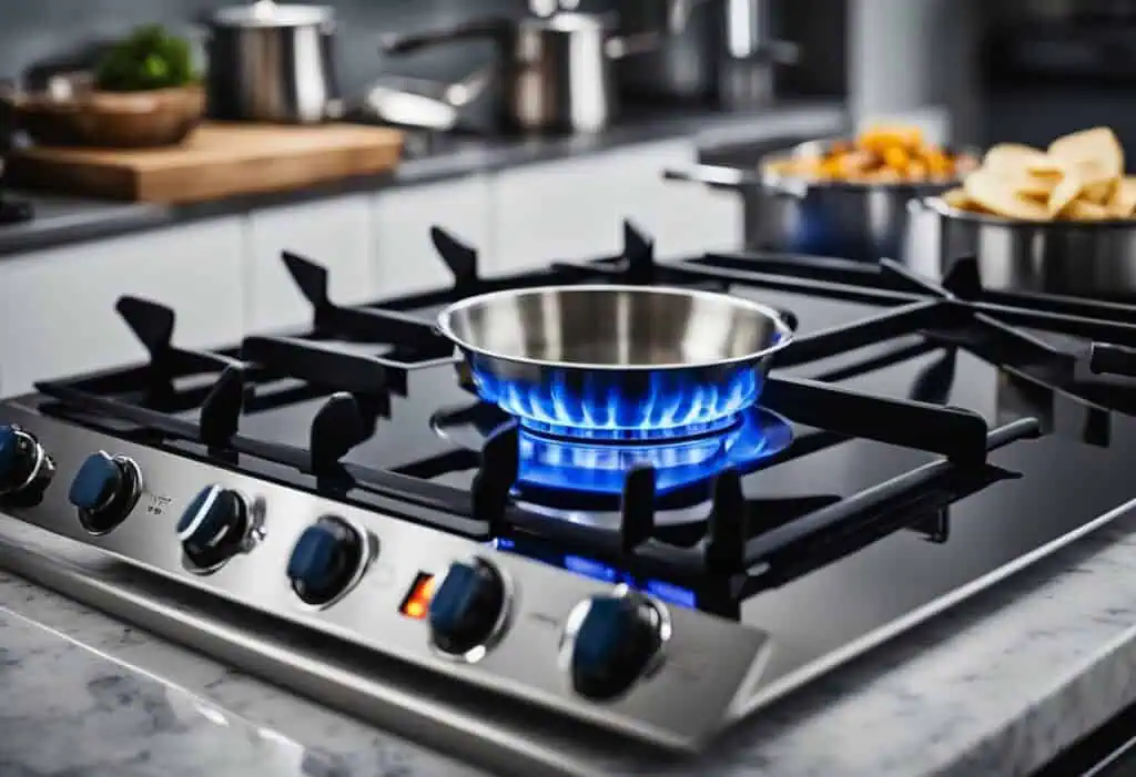 Stainless steel gas burner with blue flame in a contemporary kitchen setting.