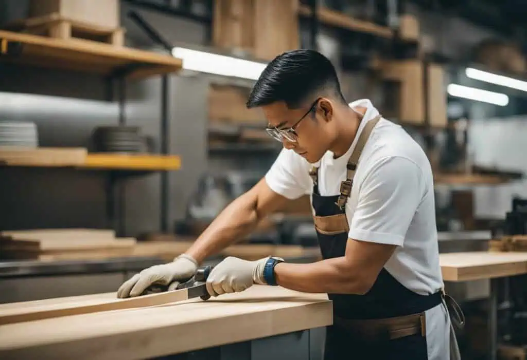 Woodworking craftsman shaping kitchen cabinets in Singapore.