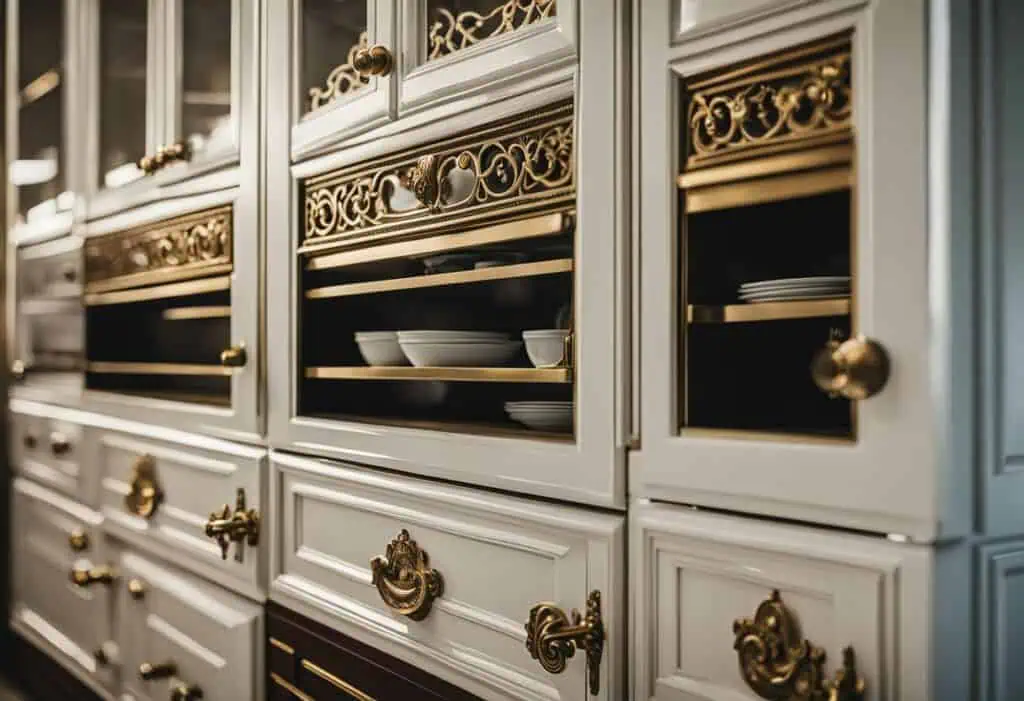 Elegant classic kitchen cabinet design with gold hardware and intricate details.