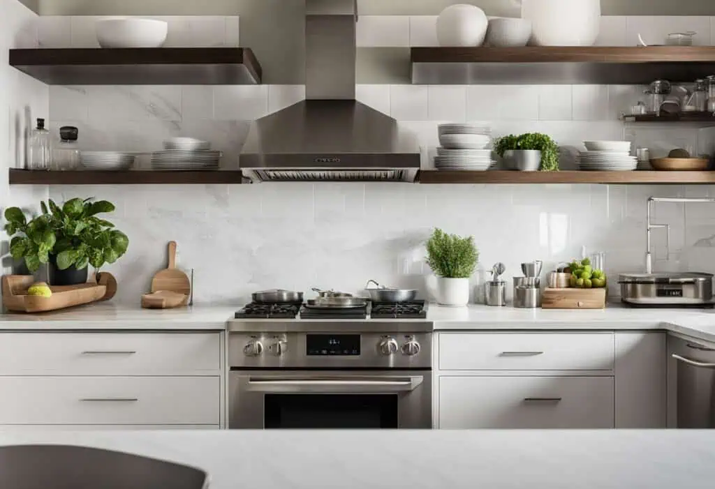 Elegant kitchen cabinet ideas with sleek white finishes and open shelving for a contemporary look.