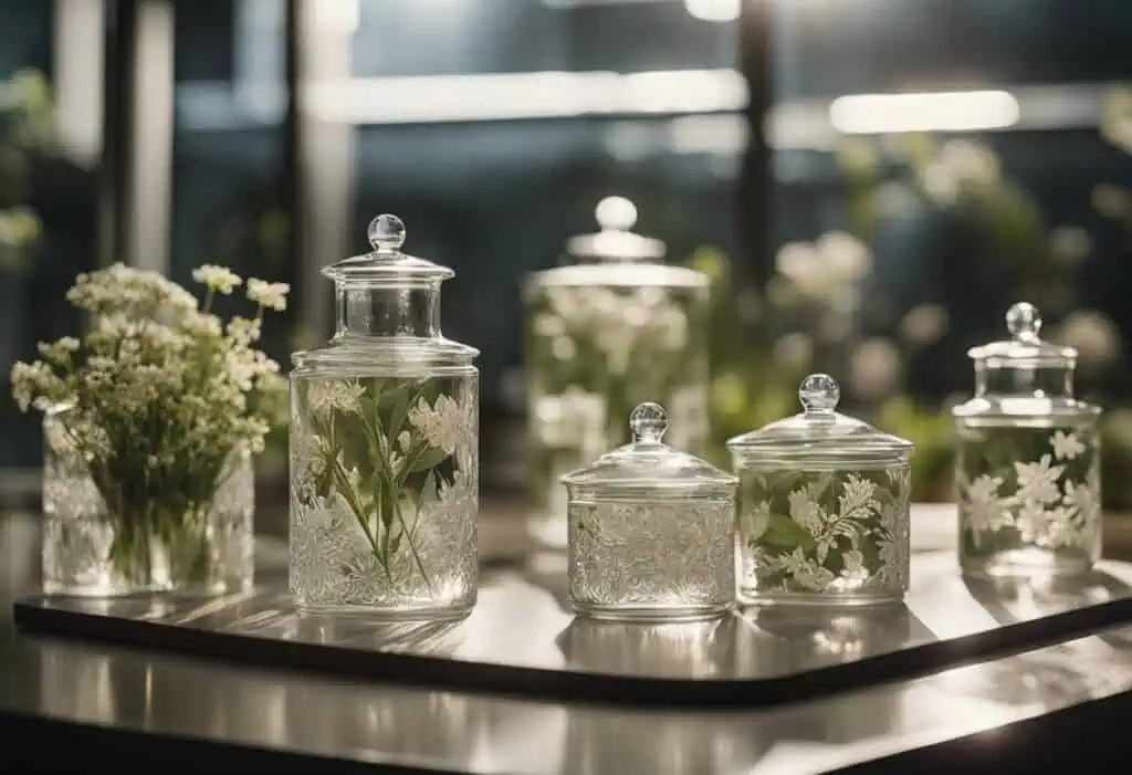 Elegant glass jars with herbs and flowers for kitchen storage and decor.