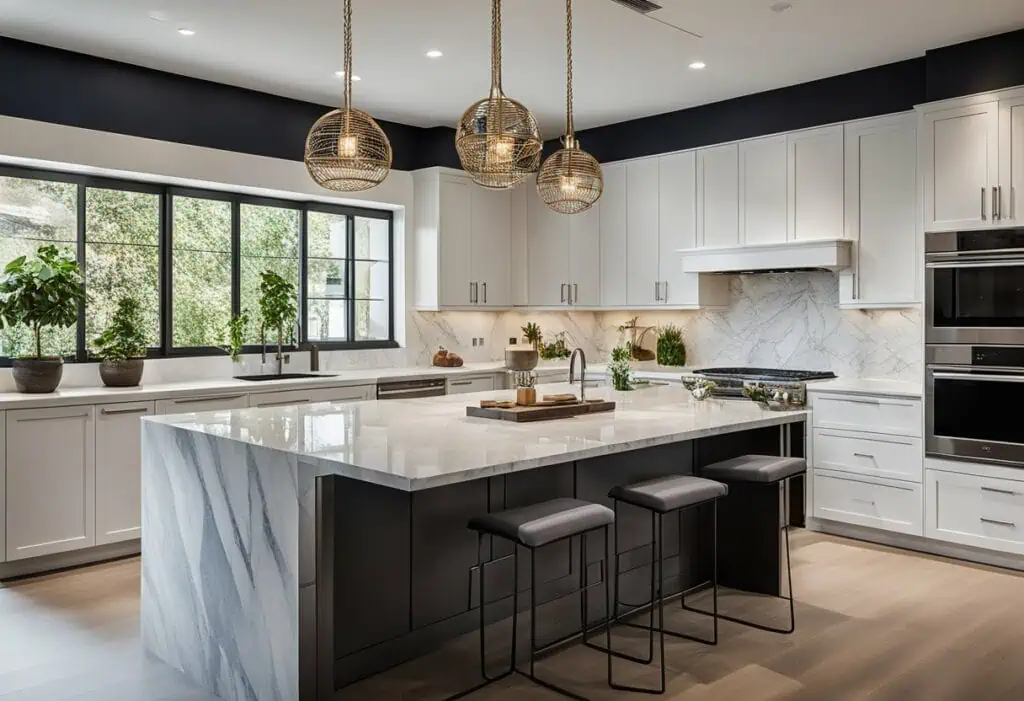 Stylish kitchen island featuring white cabinetry, black accents, and pendant lighting, perfect for c.