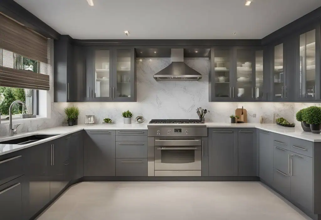 Modern gray kitchen cabinets with sleek countertops and stainless steel appliances.