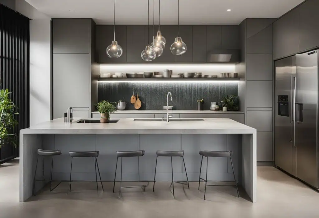Contemporary kitchen with cement-inspired gray cabinetry and minimalist design elements.
