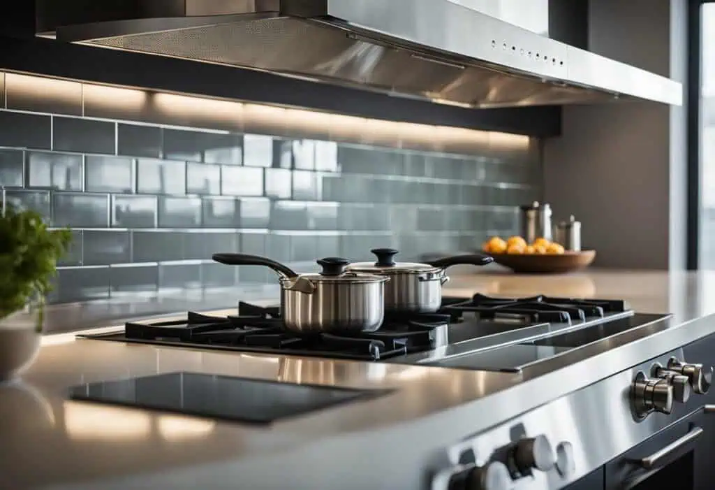 Efficient kitchen chimney design with stainless steel stove and cookware for modern homes.