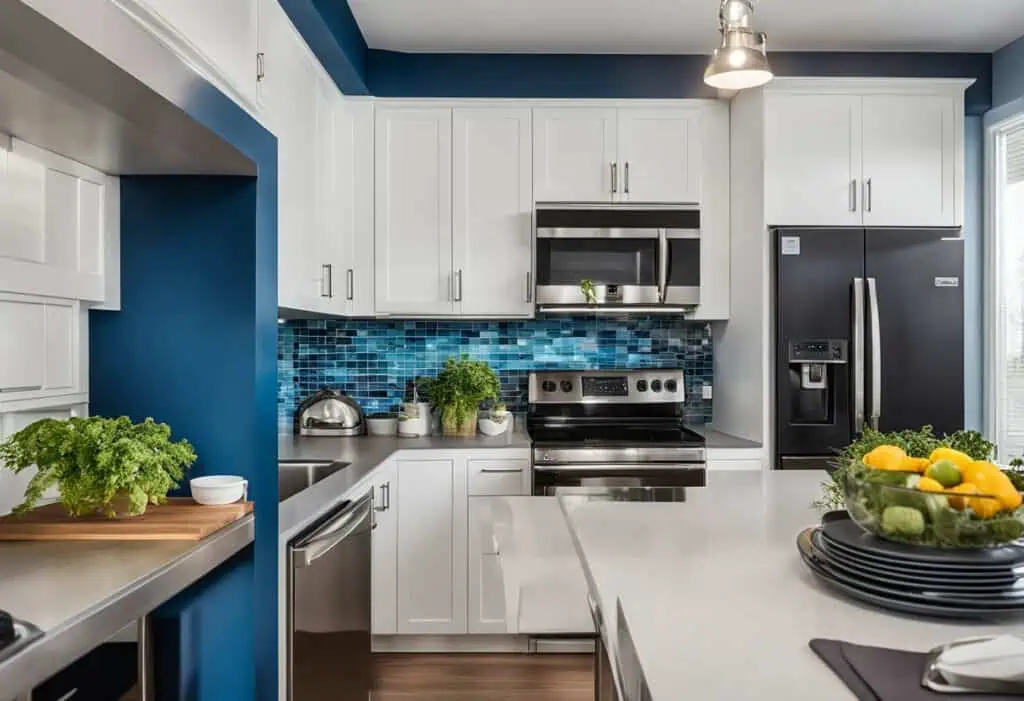 Bright modern kitchen featuring white cabinets, blue backsplash, and fresh green and yellow accents.