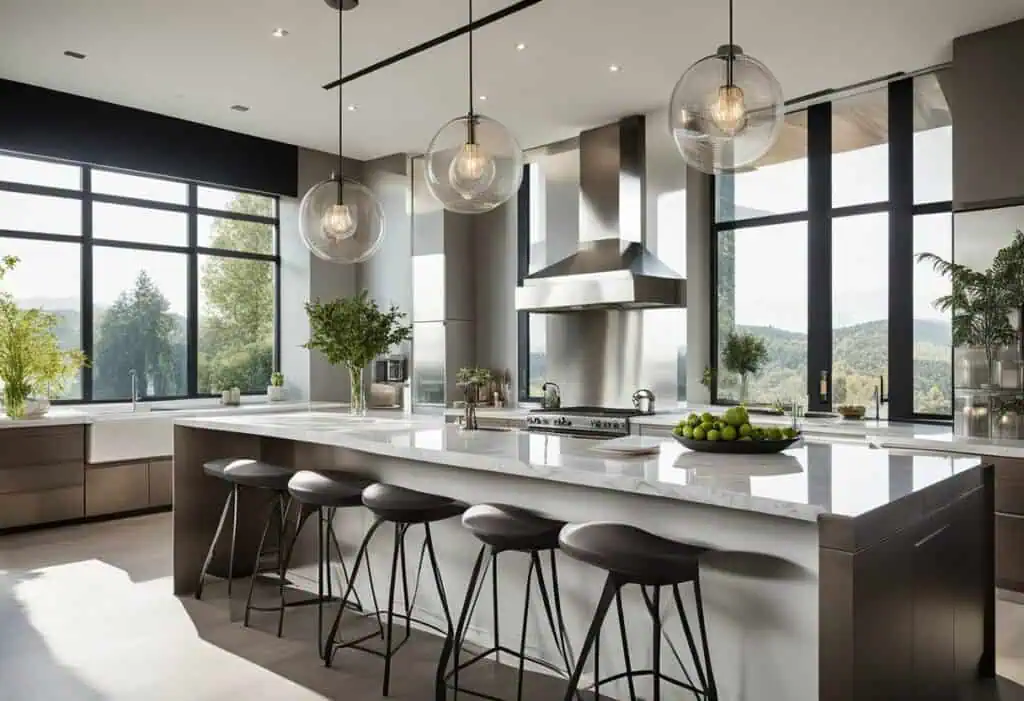 Contemporary kitchen concept featuring sleek surfaces, large windows, and stylish pendant lighting f.