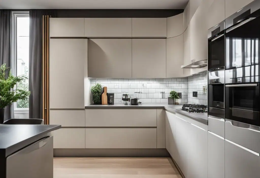 Elegant kitchen corner cupboard with sleek white cabinetry and smart storage solutions.