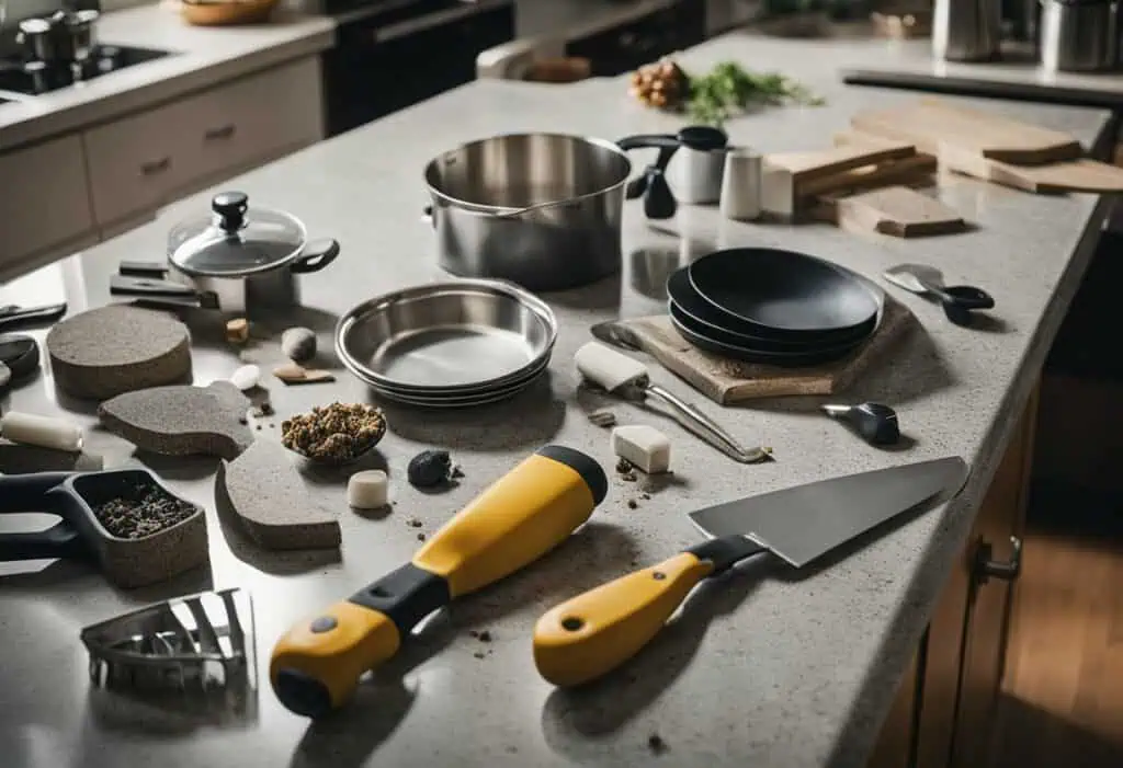 Kitchen countertop renovation tools and materials for a sleek, modern cooking area transformation.