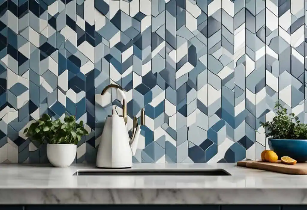 Blue geometric patterned tiles for kitchen backsplash.