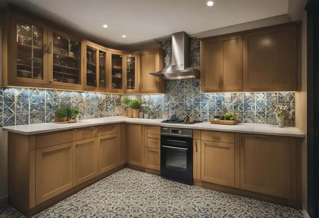 Modern kitchen covered design with wooden cabinets and colorful backsplash tiles.