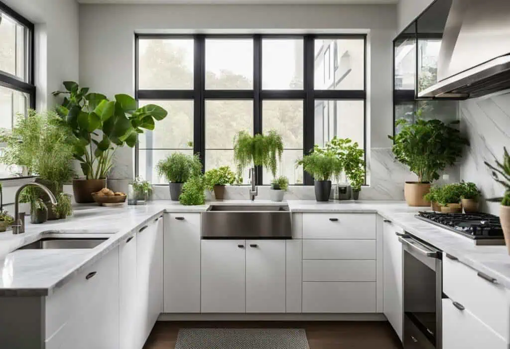 Bright kitchen with large windows and abundant greenery for a lively atmosphere.