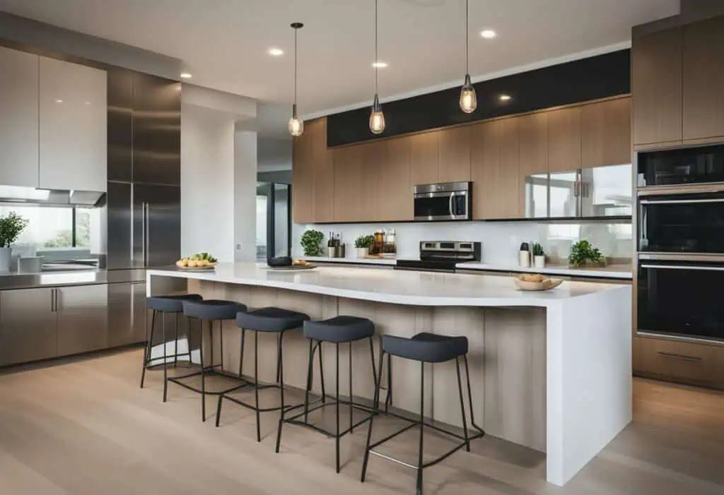 Elegant kitchen design featuring a spacious island, contemporary cabinetry, and modern appliances.