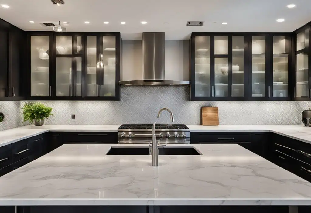Elegant kitchen design featuring black cabinets, marble island, and contemporary appliances.