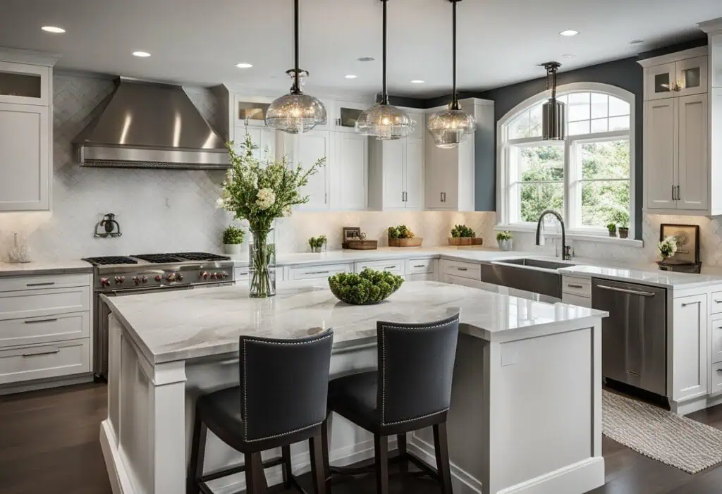 Bright modern kitchen with white cabinets, island, and large window for a spacious cooking area.