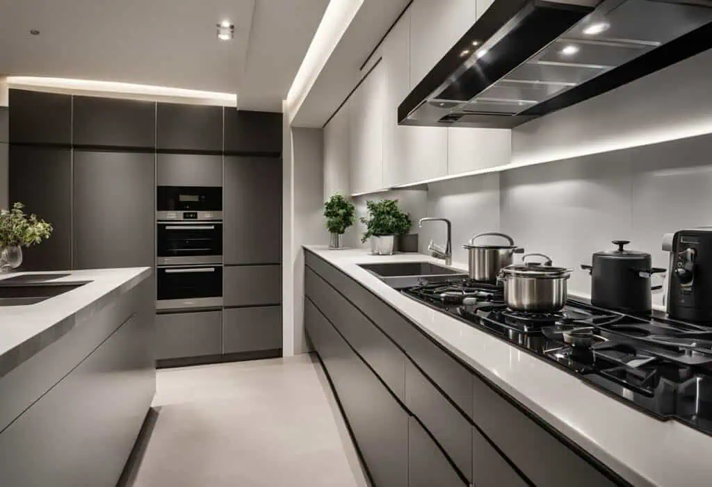 Elegant kitchen featuring premium appliances and sleek cabinetry for contemporary homes.