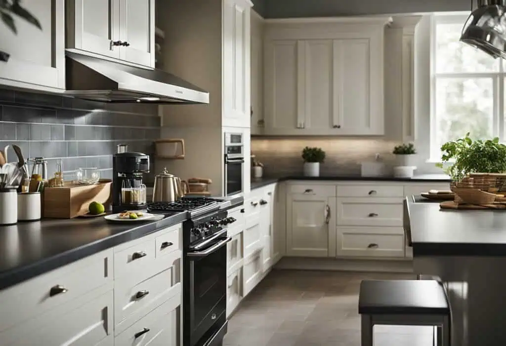 Bright white kitchen with sleek cabinetry and large window, perfect for small or short-statured indi.
