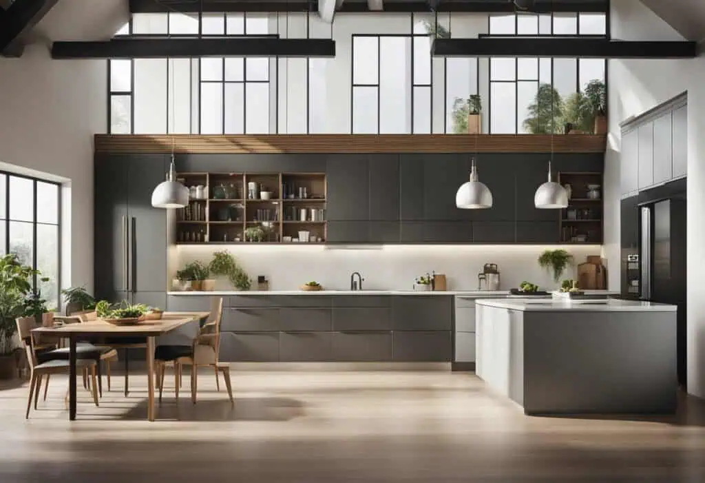 Spacious kitchen with high ceilings, sleek gray cabinetry, and large windows for natural light.